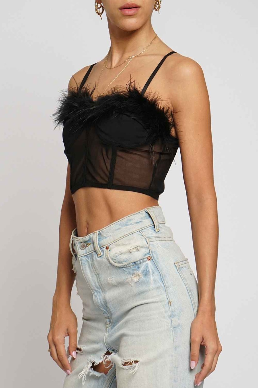 Women Sans Souci Sleeveless Tops | Feathered Mesh Corset Bra Top