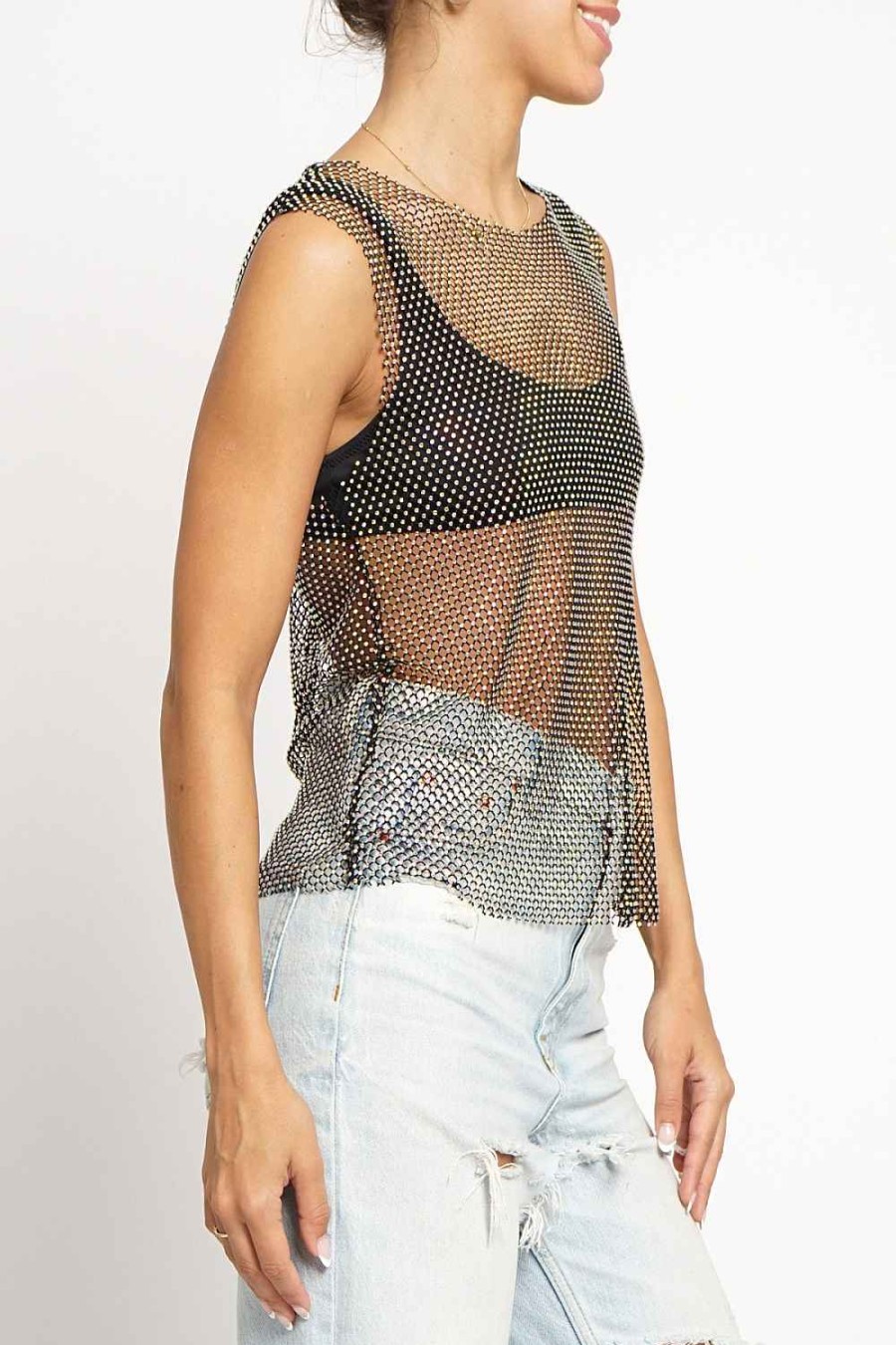 Women Sans Souci Sleeveless Tops | Cut Edge Rhinestone Tank Top