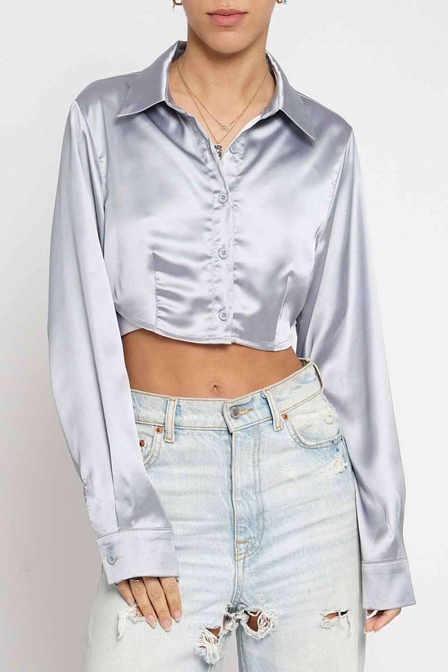 Women Sans Souci Long Sleeve Tops | Cropped Satin Button Down Shirt