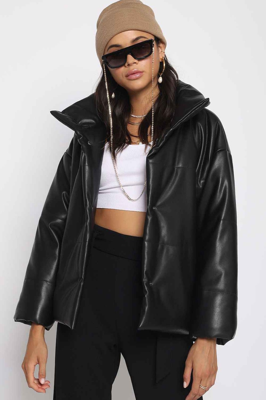 Women Sans Souci Jackets | Pu Puffer Jacket Black