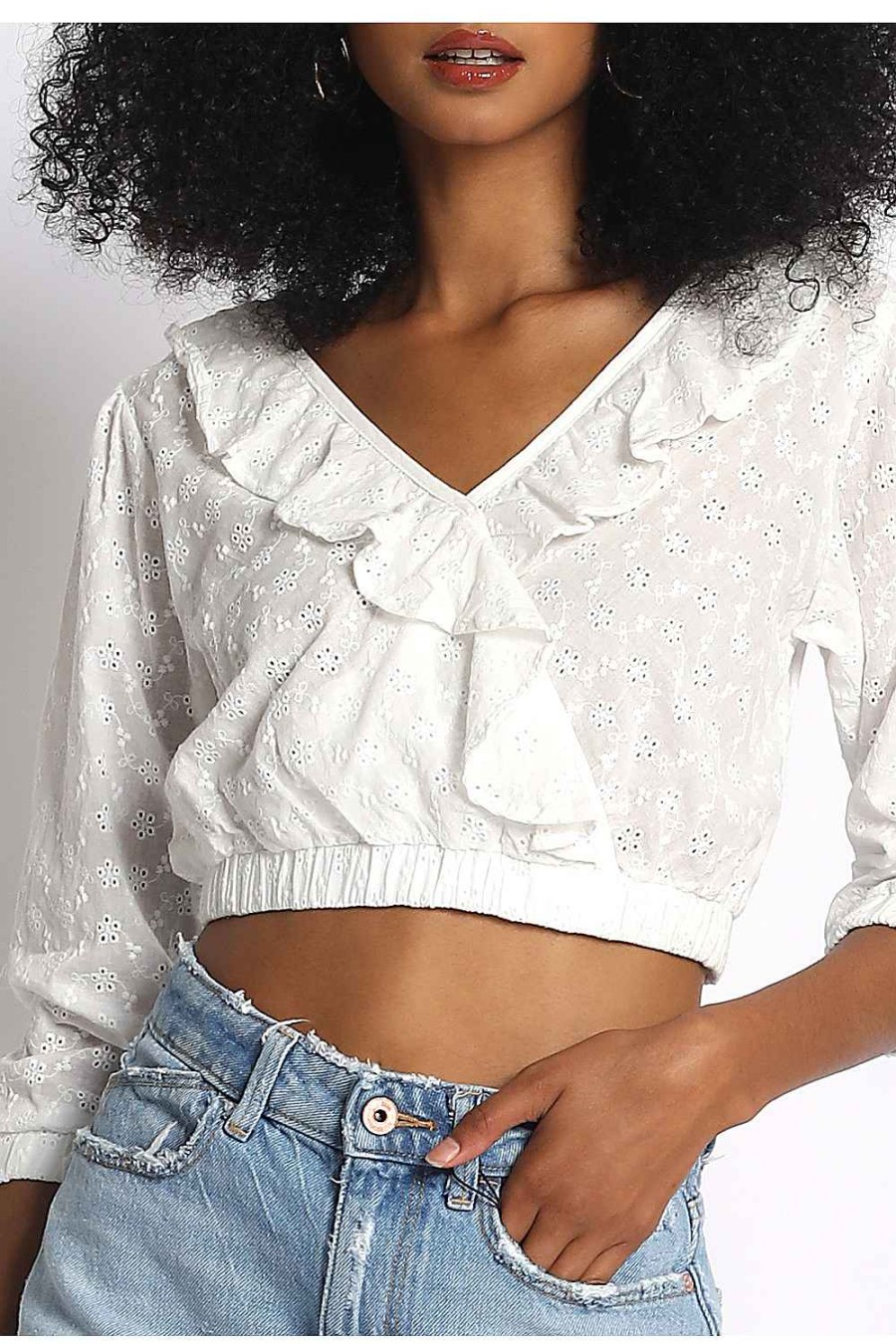 Women Sans Souci 3/4 Sleeve Tops | Surplice Ruffle Top White