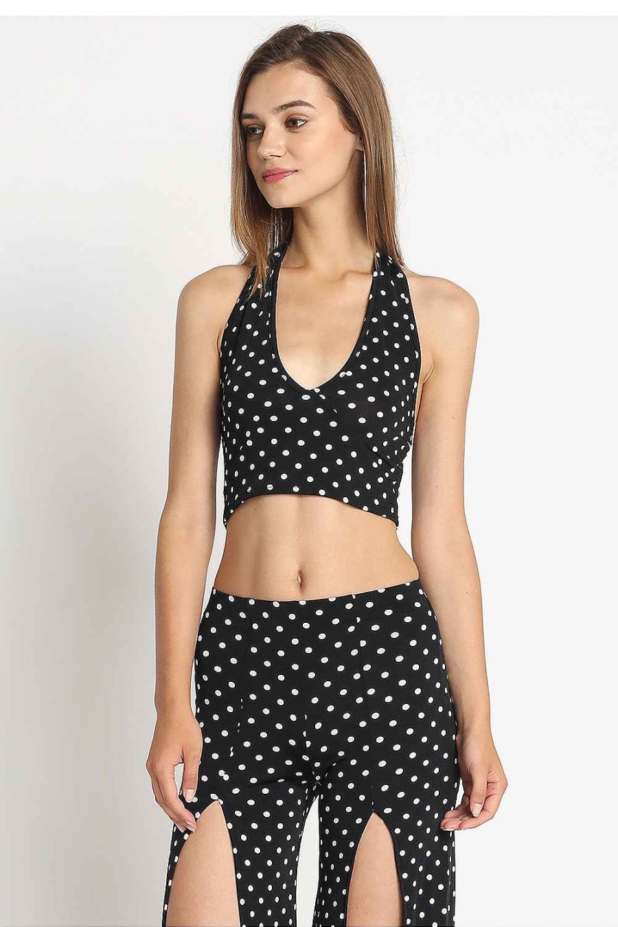 Women Sans Souci Tank Tops | Polka Dot Knit Halter Top Blk Wht