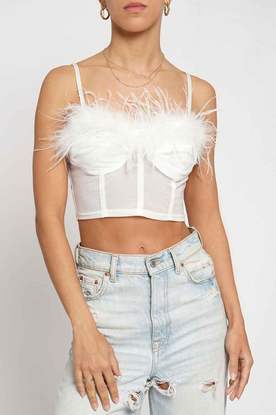 Women Sans Souci Sleeveless Tops | Feathered Mesh Corset Bra Top