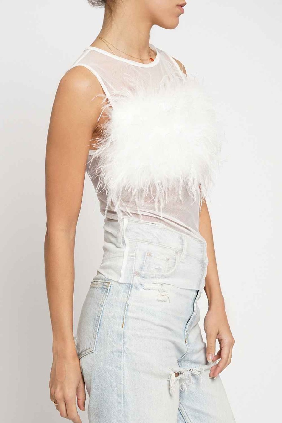 Women Sans Souci Sleeveless Tops | Feather Front Mesh Top