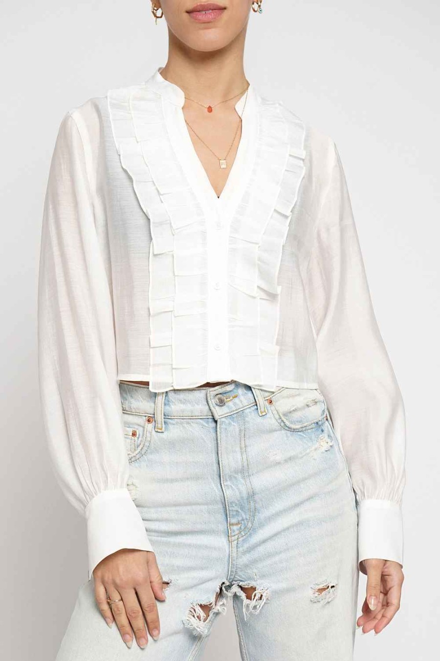 Women Sans Souci Long Sleeve Tops | Ruffle Front Sheer Blouse