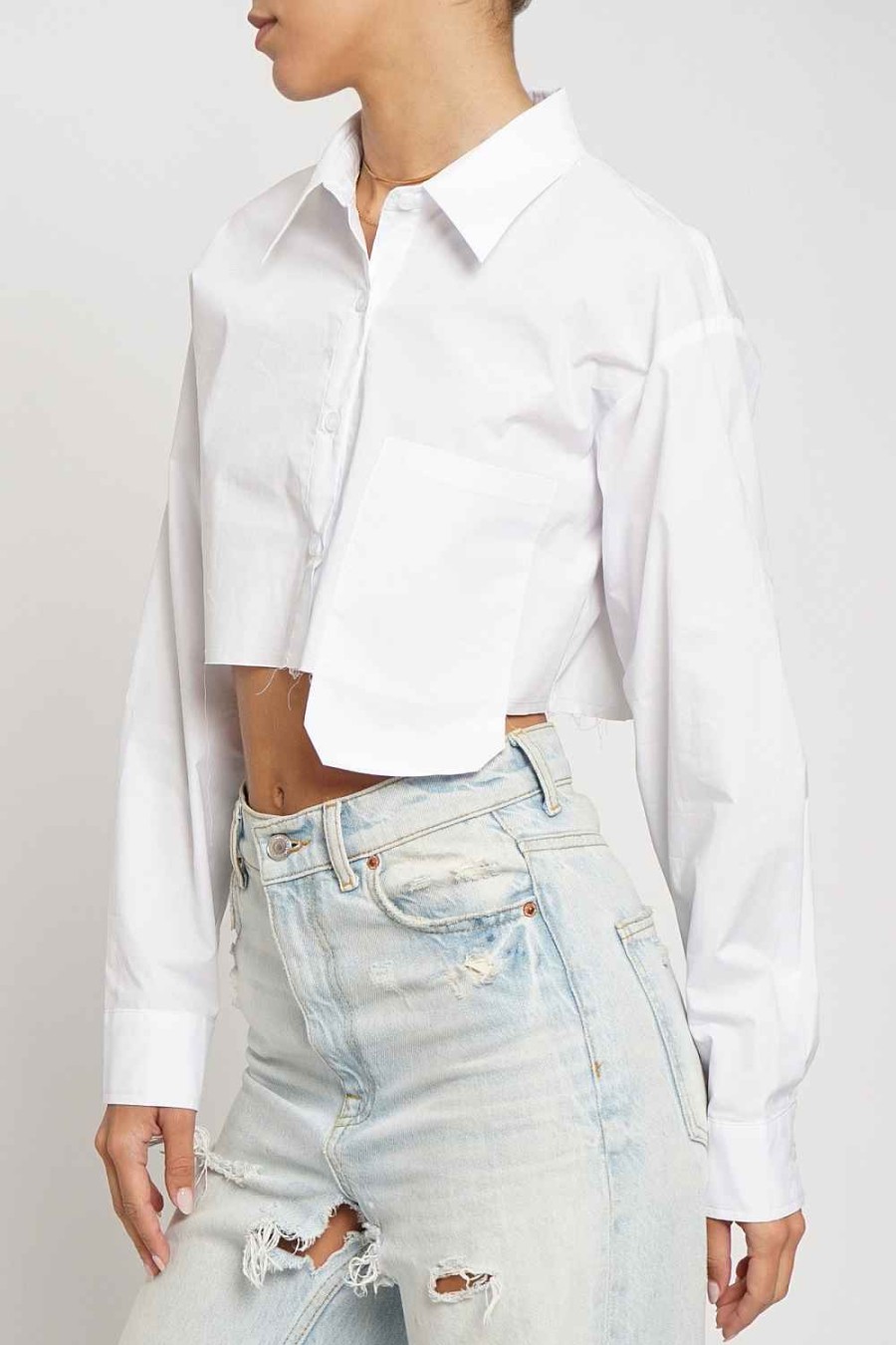 Women Sans Souci Shirts & T-Shirts | Offset Pocket Crop Button Down Shirt