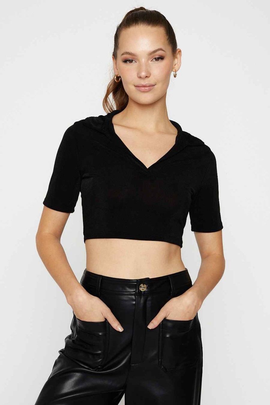 Women Sans Souci Crop Tops | Johnny Collar Crop Top Black