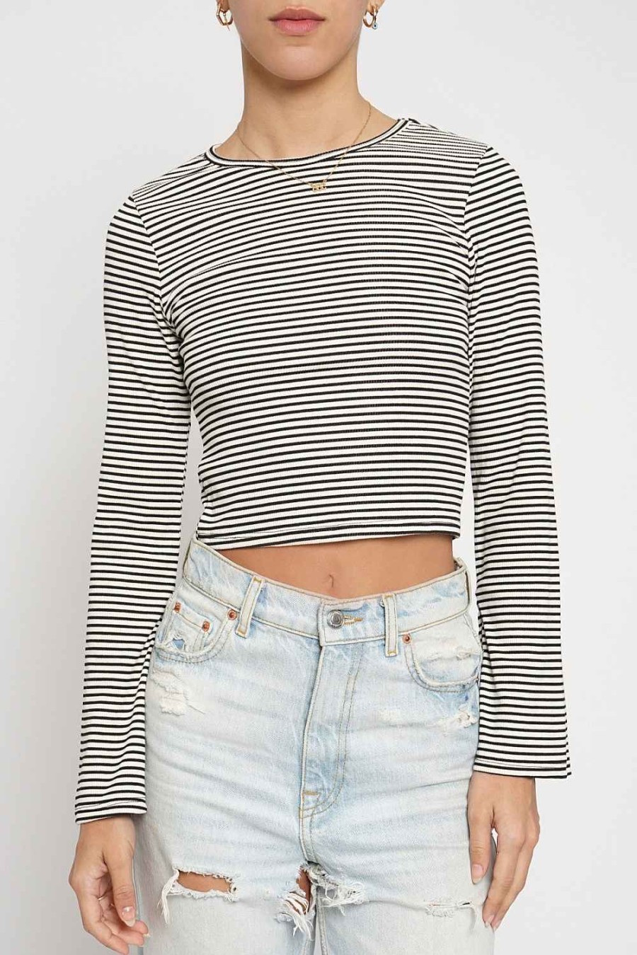 Women Sans Souci Long Sleeve Tops | Striped Bell Sleeve Top Black White