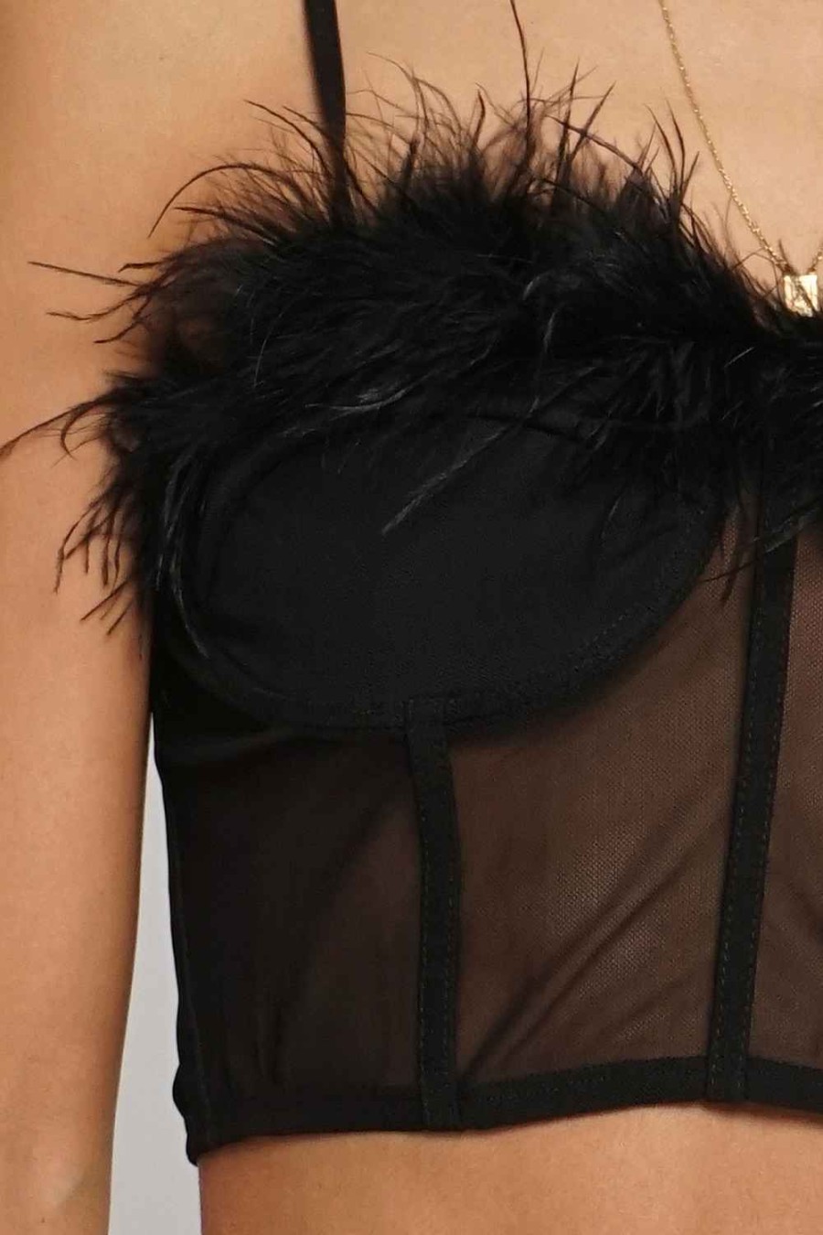 Women Sans Souci Crop Tops | Feathered Mesh Corset Bra Top