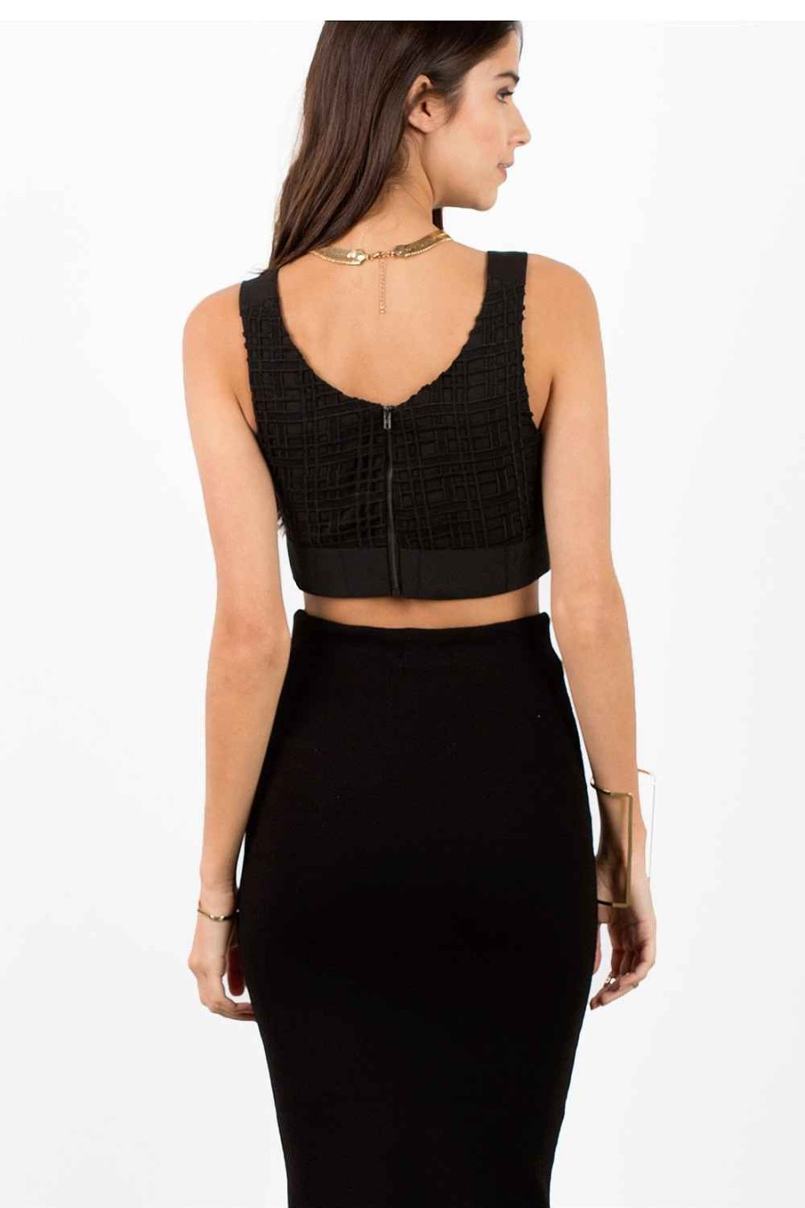 Women Sans Souci Crop Tops | Grid Panel Lace Crop Top Black