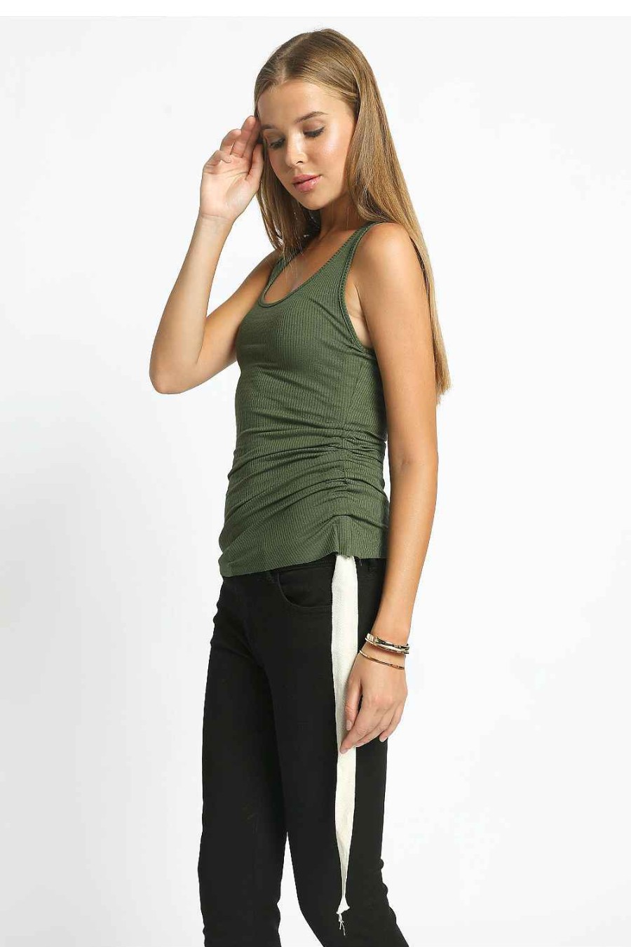 Women Sans Souci Tank Tops | 4X2 Rib Knit One Side Pull Tank Top Olive