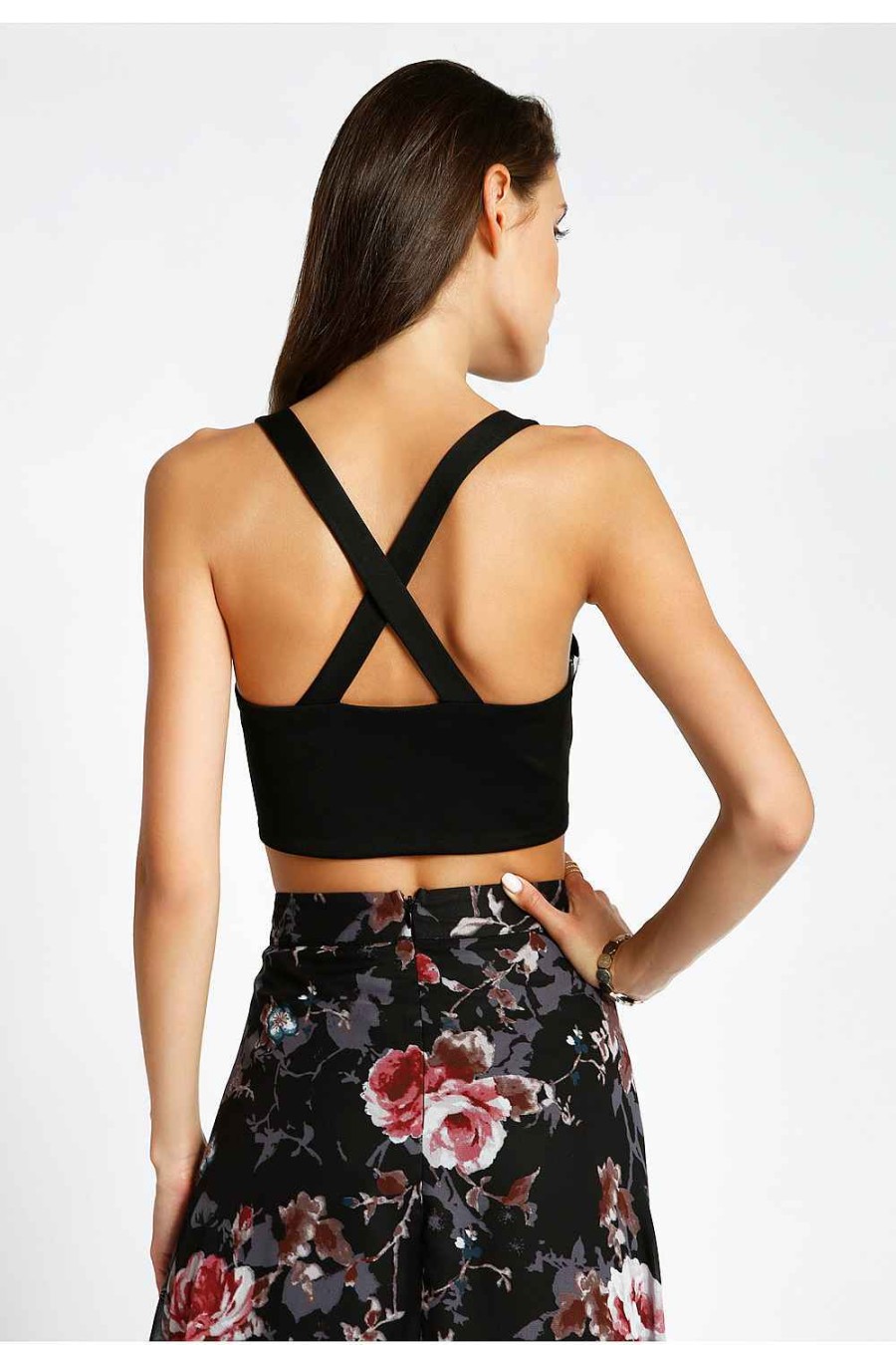 Women Sans Souci Crop Tops | Satin Tie Front Grommet X-Back Crop Top Black