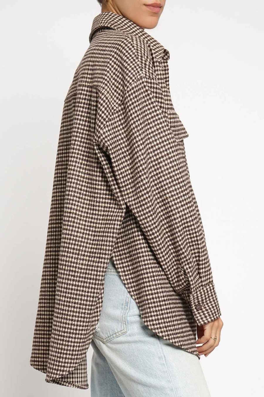 Women Sans Souci Long Sleeve Tops | Houndstooth Flap Pocket Shacket