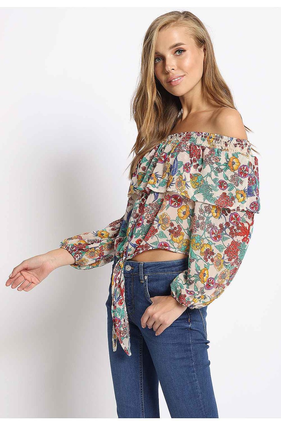 Women Sans Souci Strapless Tops | Floral Tie Front Off Shoulder Top Ivory Multi