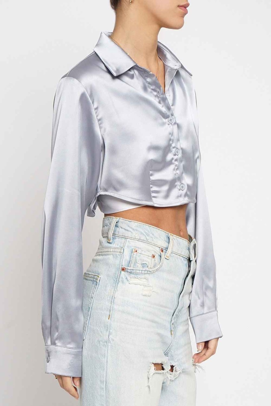 Women Sans Souci Long Sleeve Tops | Cropped Satin Button Down Shirt