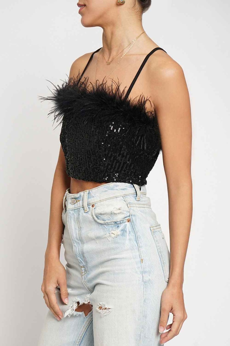 Women Sans Souci Crop Tops | Feather Trim Sequin Top