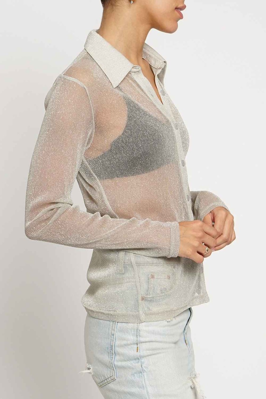 Women Sans Souci Long Sleeve Tops | Metallic Sheer Knit Button Down Shirt