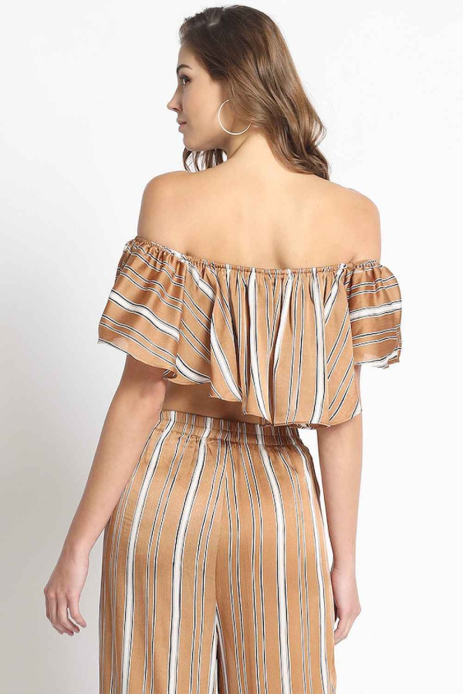 Women Sans Souci Strapless Tops | Ruffle Stripe Off Shoulder Top Taupe