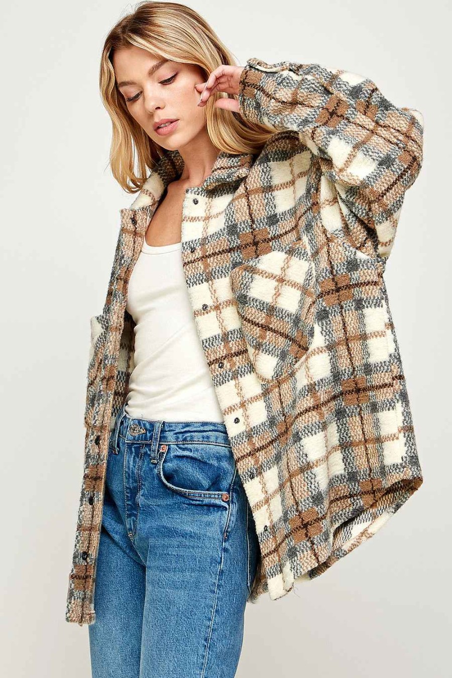 Women Sans Souci Shirts & T-Shirts | Snap Button Plaid Shirt