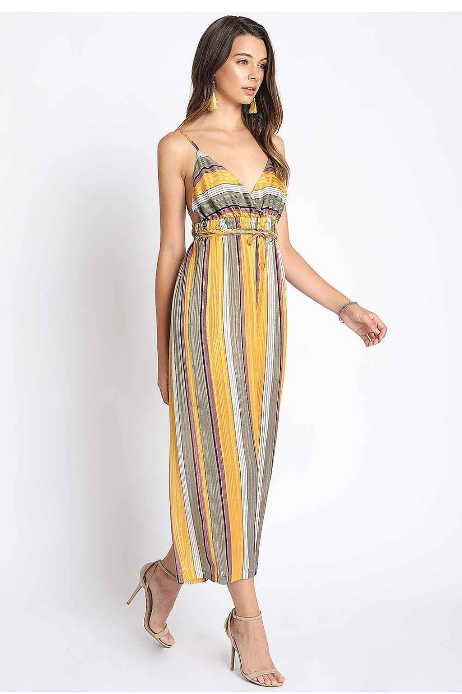 Women Sans Souci Jumpsuits | Woven Stripe Cami Jumpsuit Mustard Combo