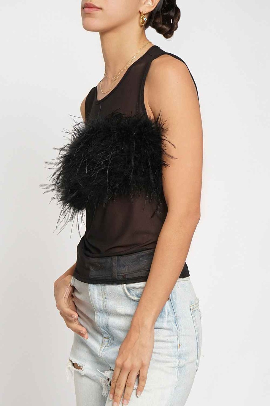 Women Sans Souci Sleeveless Tops | Feather Front Mesh Top