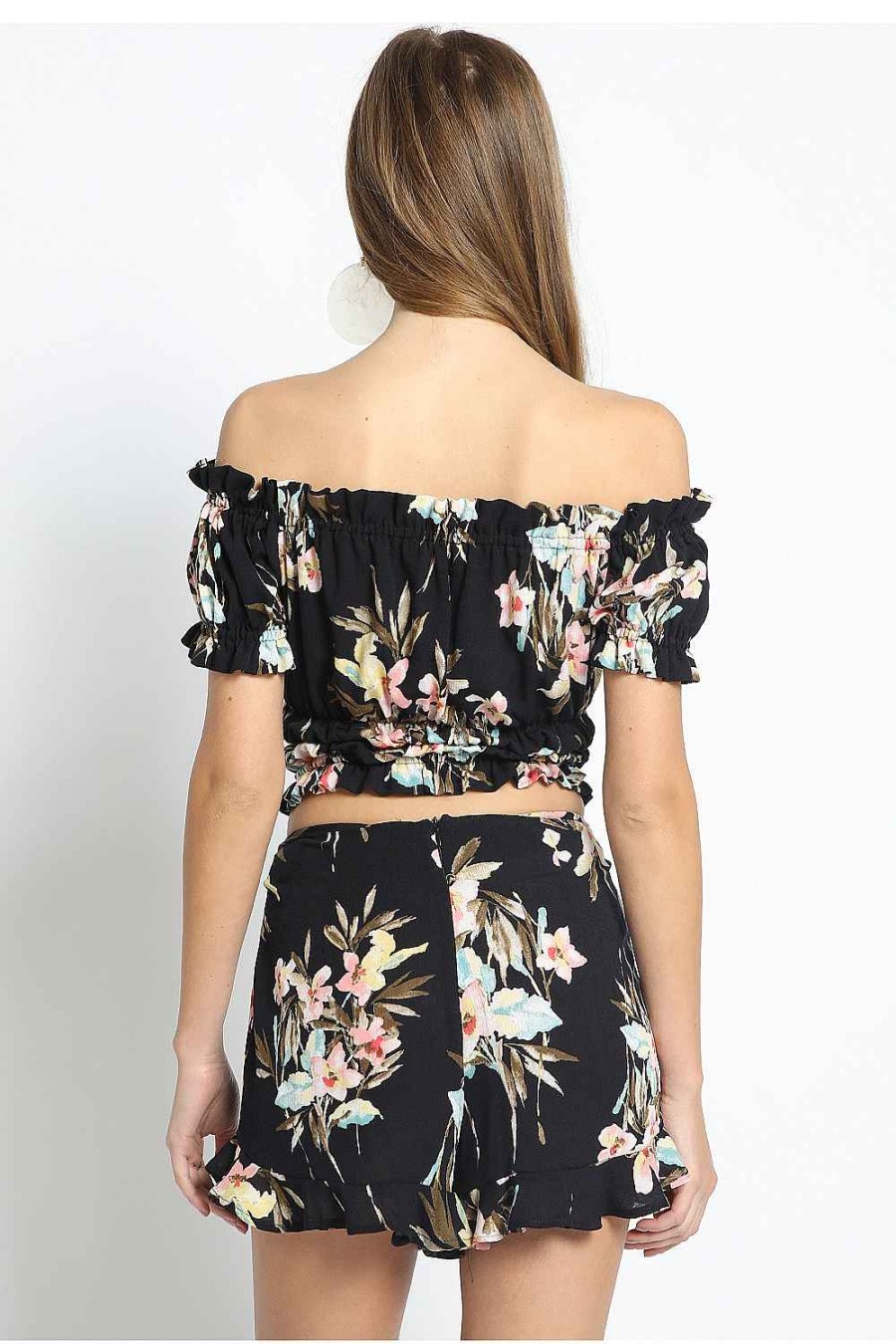 Women Sans Souci Off Shoulder Tops | Floral Ruffle Off Shoulder Top Navy Combo