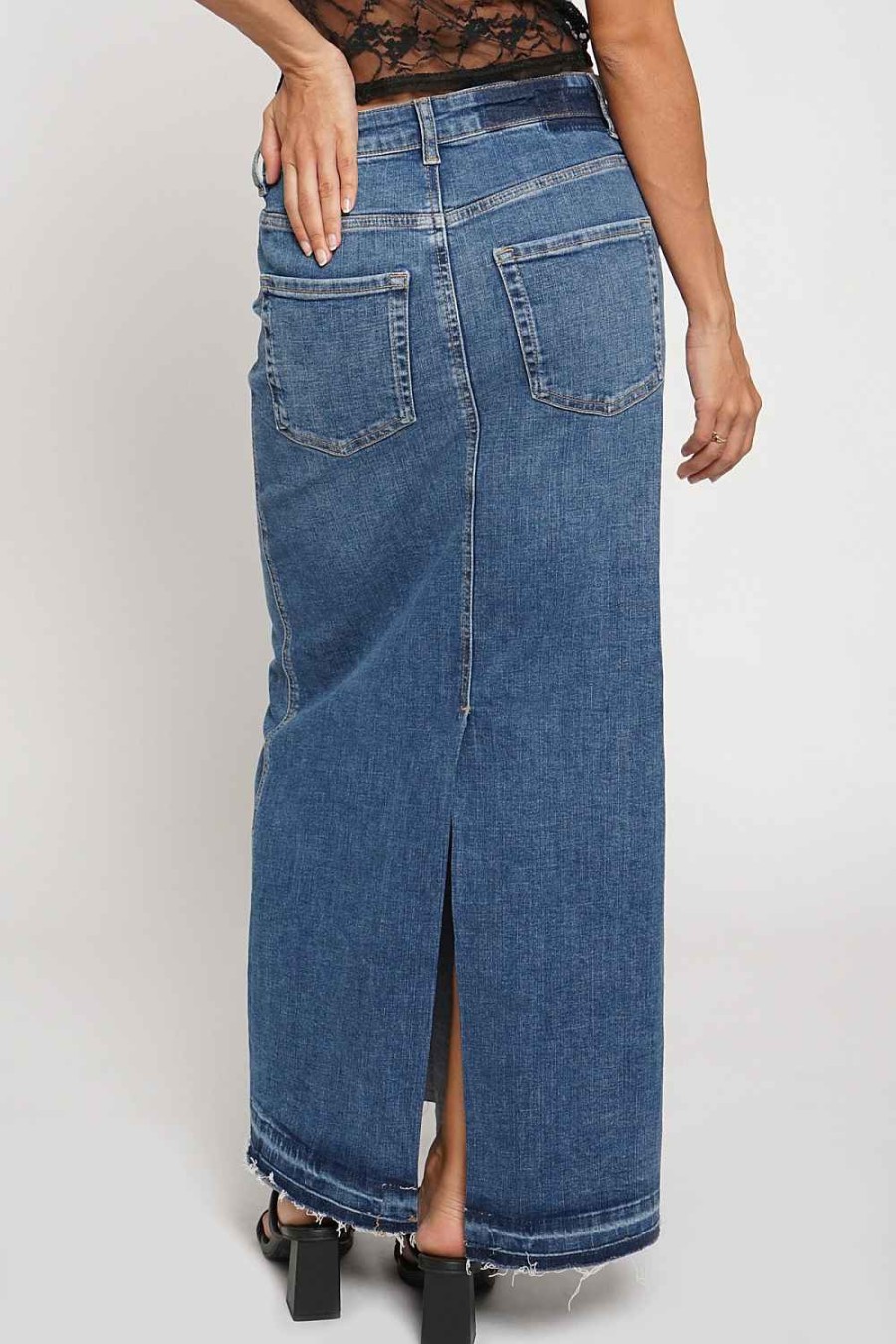 Women Sans Souci Denim | Back Slit Slim Maxi Skirt Denim