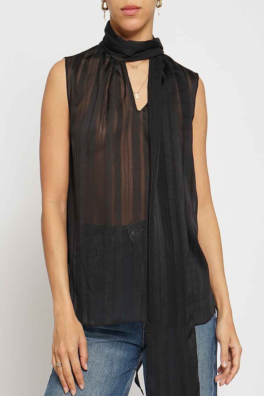 Women Sans Souci Sleeveless Tops | Stripe Tie Sleeveless Blouse