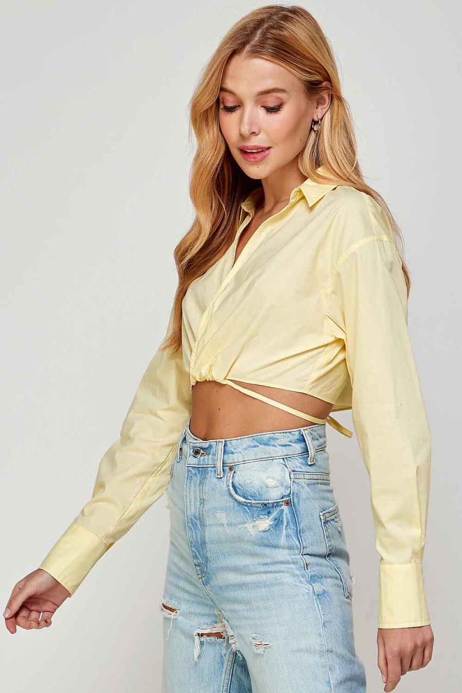 Women Sans Souci Long Sleeve Tops | Wrap Tie Crossover Top Lt Yellow