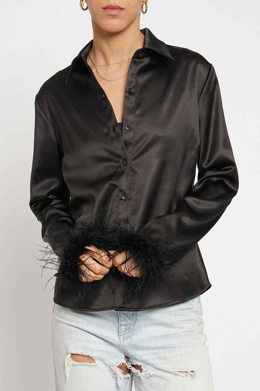 Women Sans Souci Long Sleeve Tops | Feather Trim Button Down Shirt