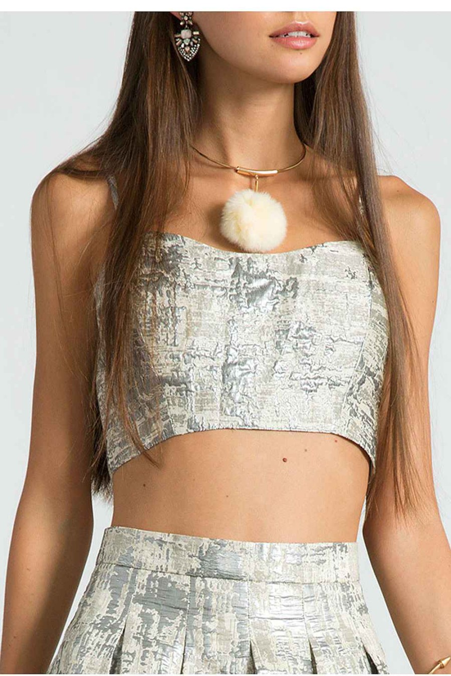 Women Sans Souci Sleeveless Tops | Brocade Crop Top Silver