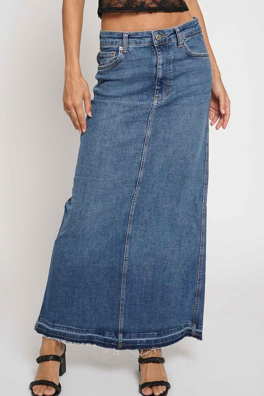 Women Sans Souci Skirts | Back Slit Slim Maxi Skirt Denim