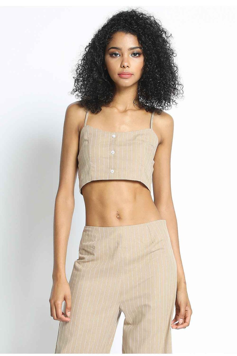 Women Sans Souci Tank Tops | Stripe Cropped Cami Top Beige