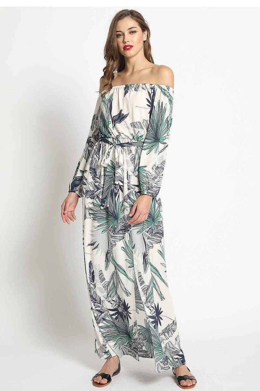 Women Sans Souci Maxi Dresses | Palm Print Off Shoulder Maxi Dress Green Grey