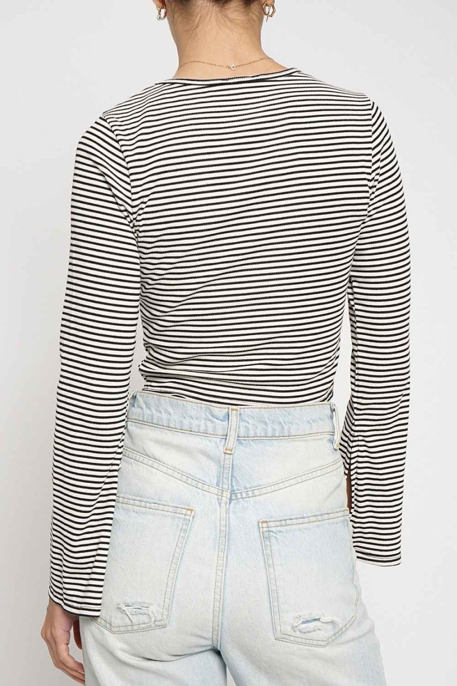 Women Sans Souci Long Sleeve Tops | Striped Bell Sleeve Top Black White