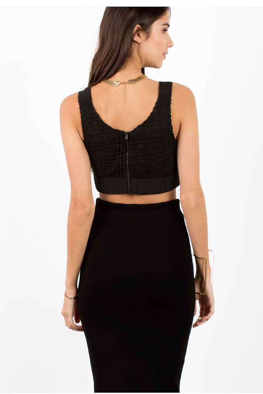 Women Sans Souci Sleeveless Tops | Grid Panel Lace Crop Top Black