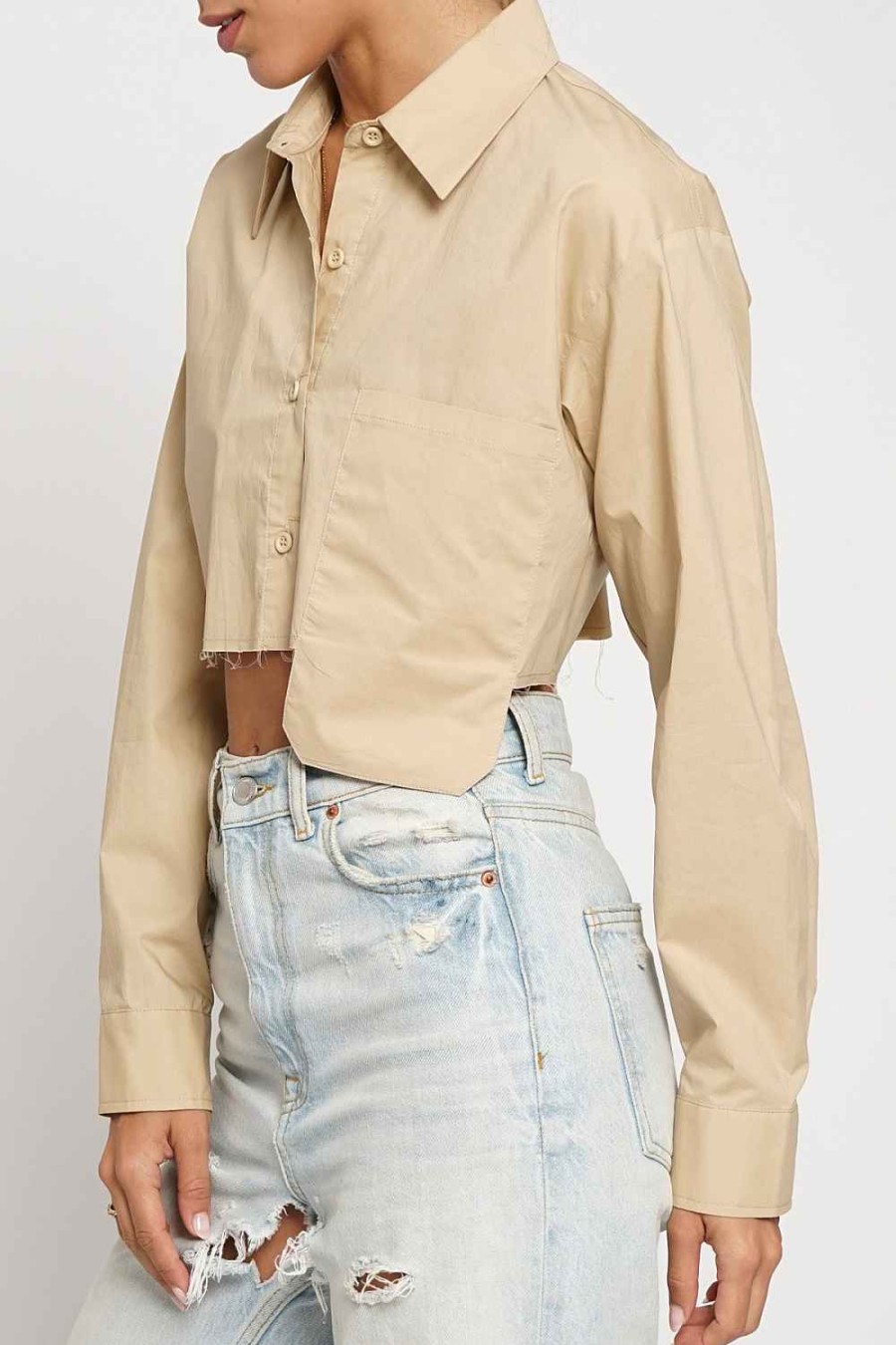 Women Sans Souci Long Sleeve Tops | Offset Pocket Crop Button Down Shirt