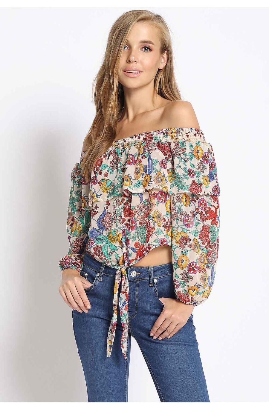 Women Sans Souci Long Sleeve Tops | Floral Tie Front Off Shoulder Top Ivory Multi