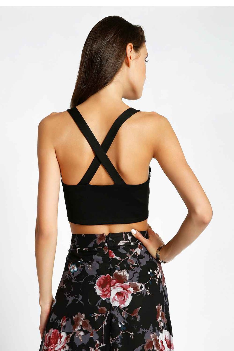 Women Sans Souci Sleeveless Tops | Satin Tie Front Grommet X-Back Crop Top Black