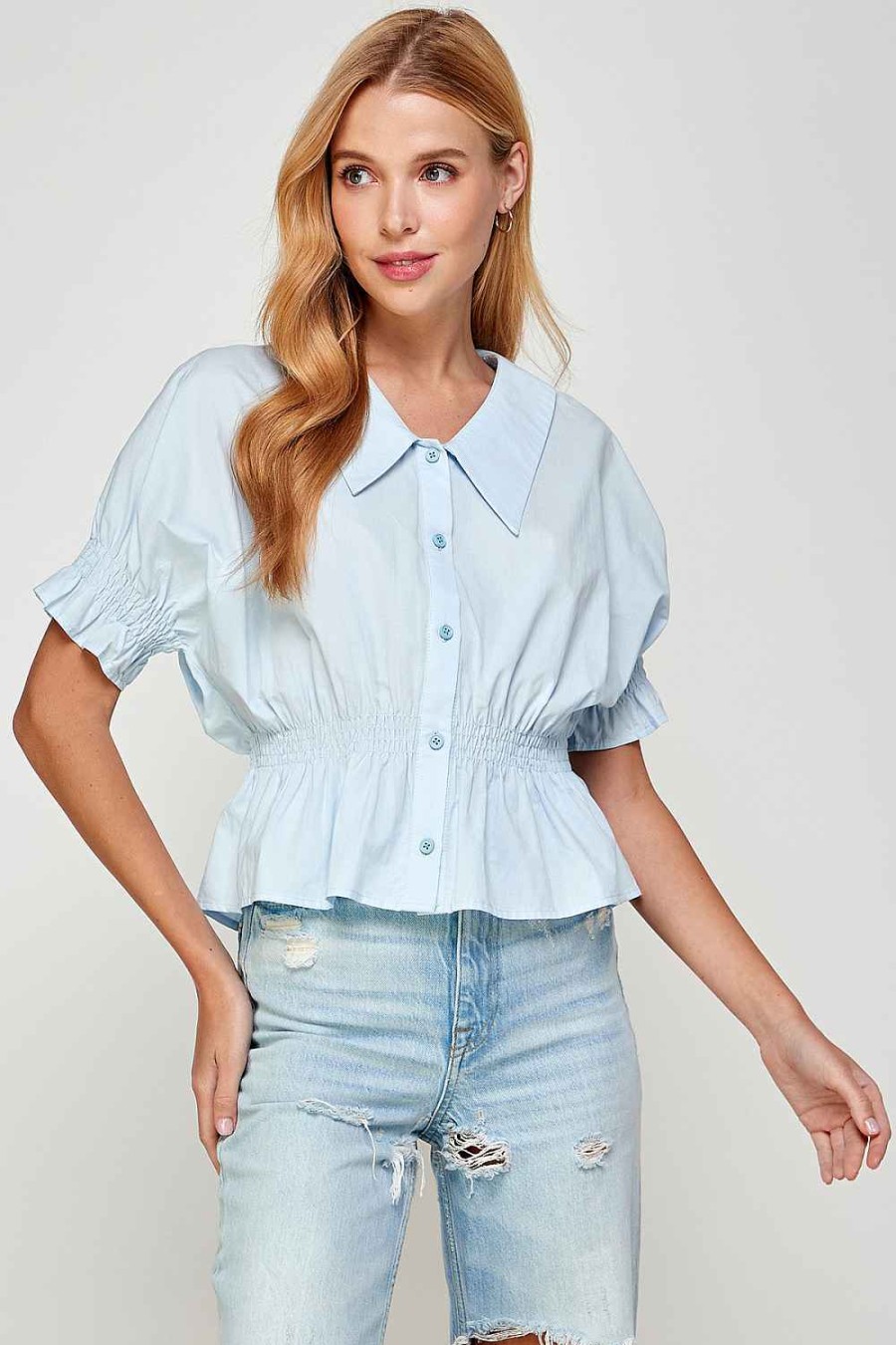 Women Sans Souci Short Sleeve Tops | Chelsea Collar Poplin Top Lt Blue