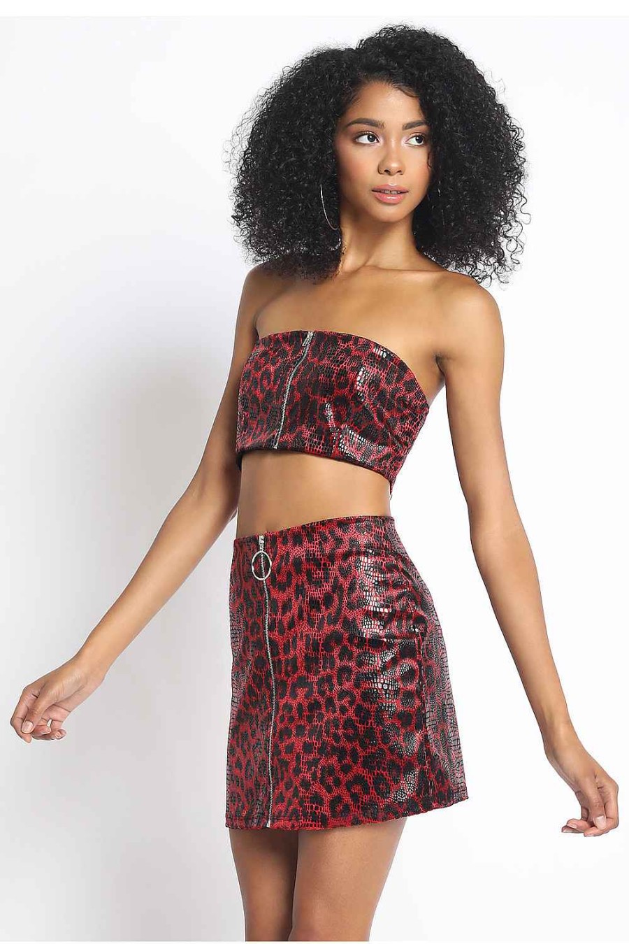 Women Sans Souci Strapless Tops | Leopard Faux Leather Zip Up Bandeau Red Black