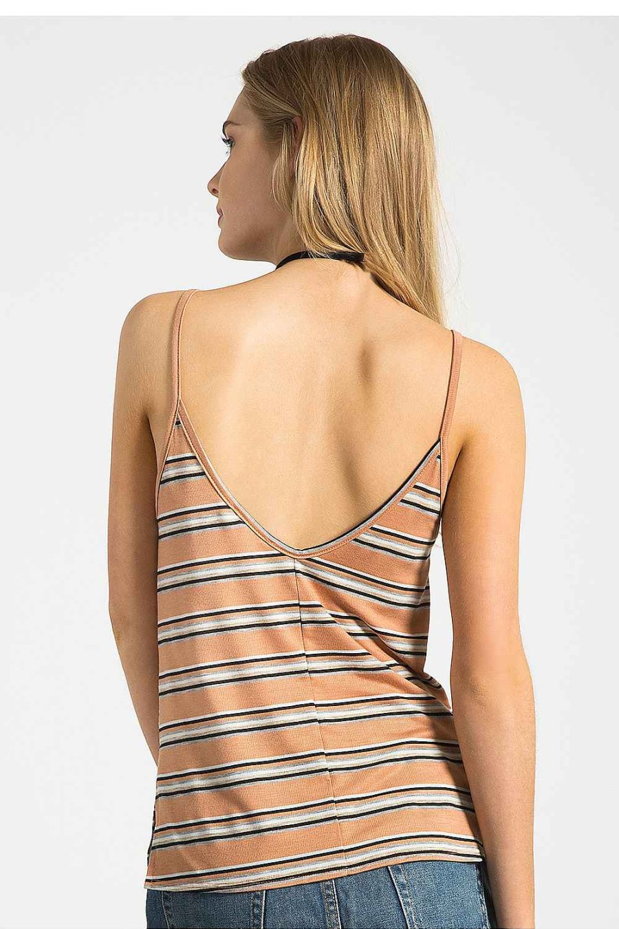 Women Sans Souci Tank Tops | Striped Spaghetti Strap Tank Top Peach