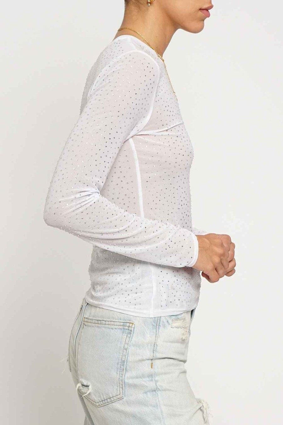 Women Sans Souci Long Sleeve Tops | Hot Fix Long Sleeve Mesh Top