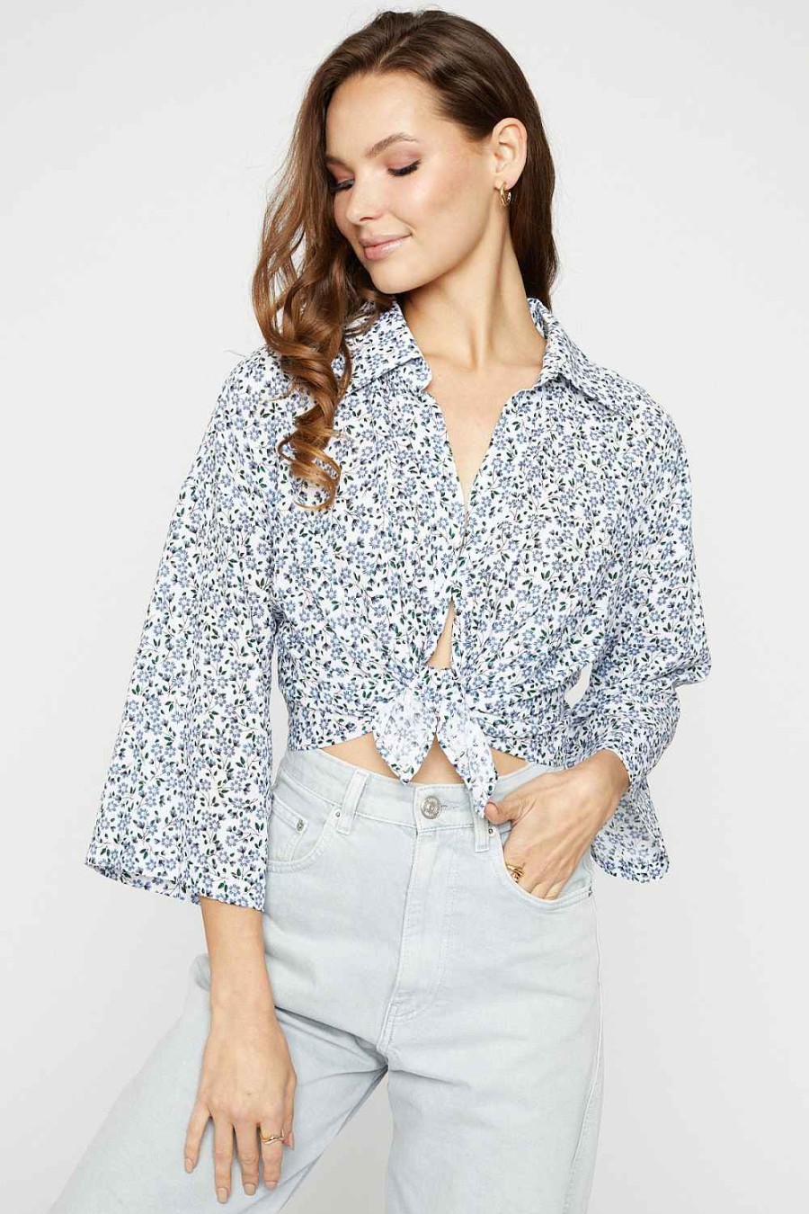 Women Sans Souci 3/4 Sleeve Tops | Tie Front Floral Top White