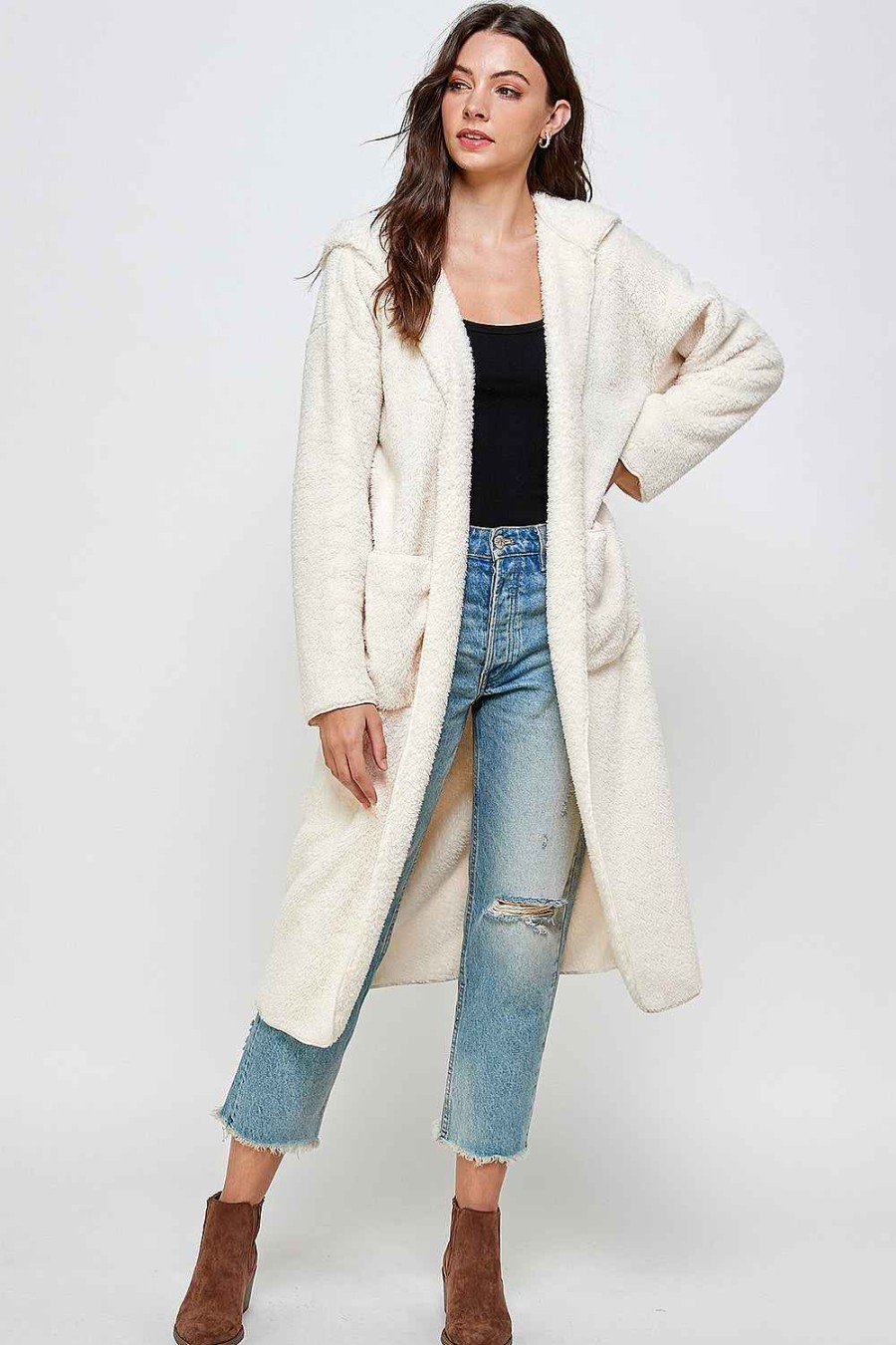 Women Sans Souci Coats | Long Cozy Hoodie Coat Offwhite