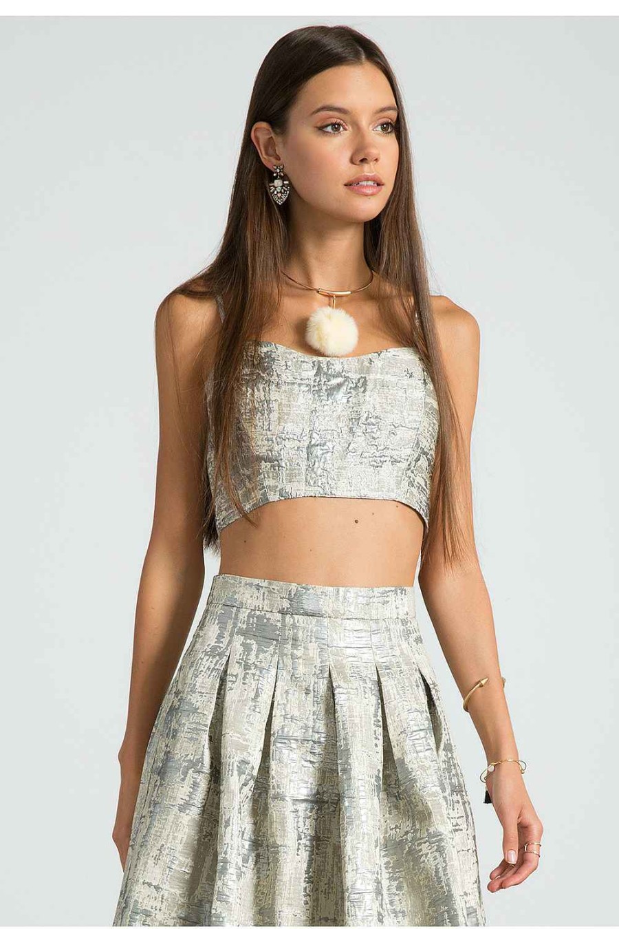 Women Sans Souci Sleeveless Tops | Brocade Crop Top Silver