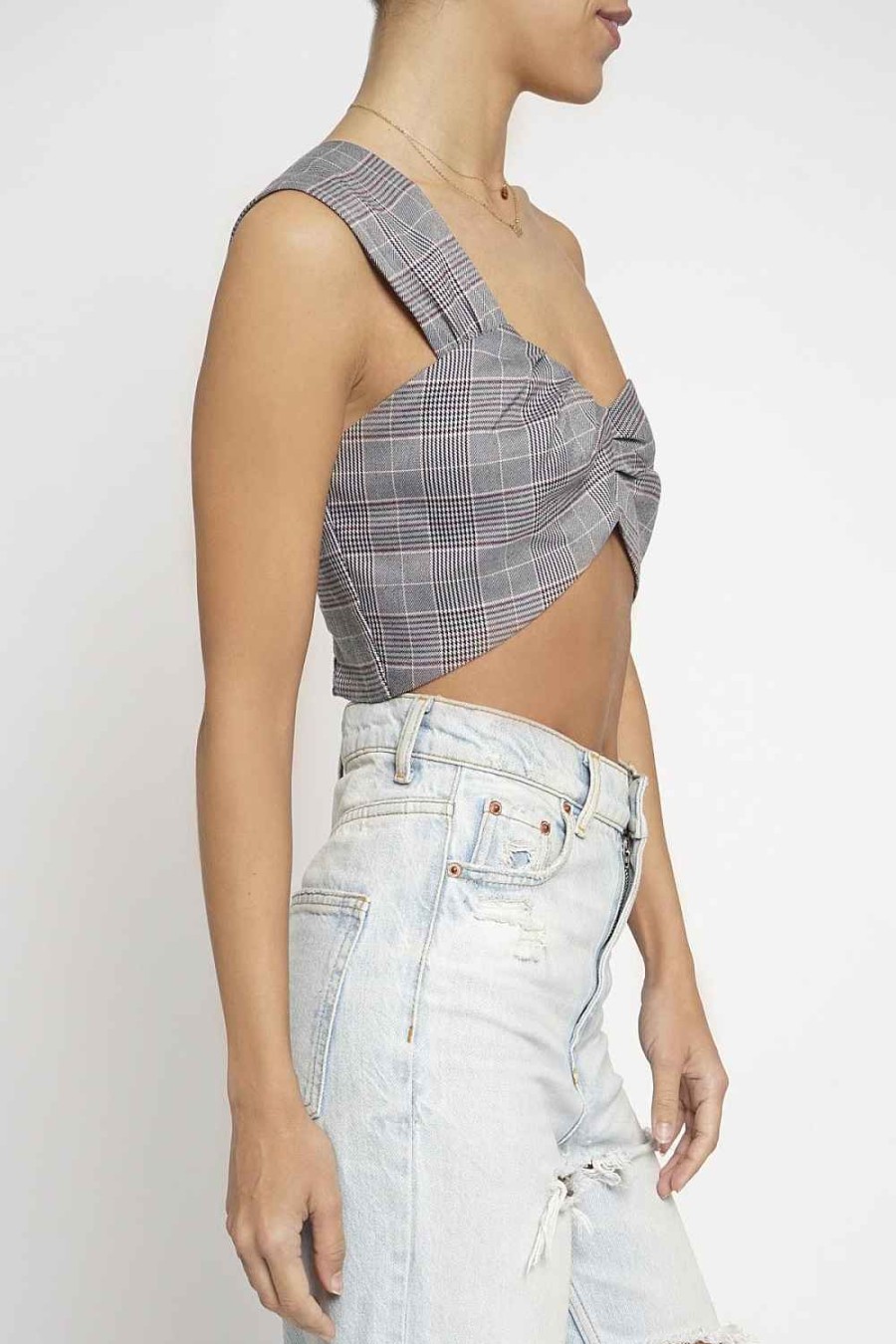 Women Sans Souci Sleeveless Tops | One Shoulder Plaid Bralette