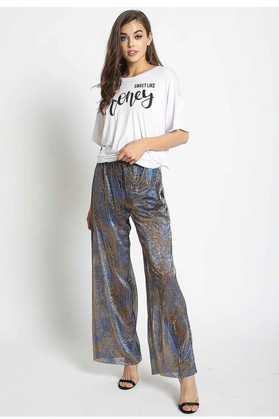 Women Sans Souci Pants | Metallic Wide Leg Pants Gold Blue