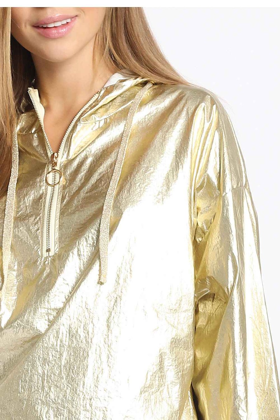 Women Sans Souci Long Sleeve Tops | Metallic Hoodie Wind Breaker Gold