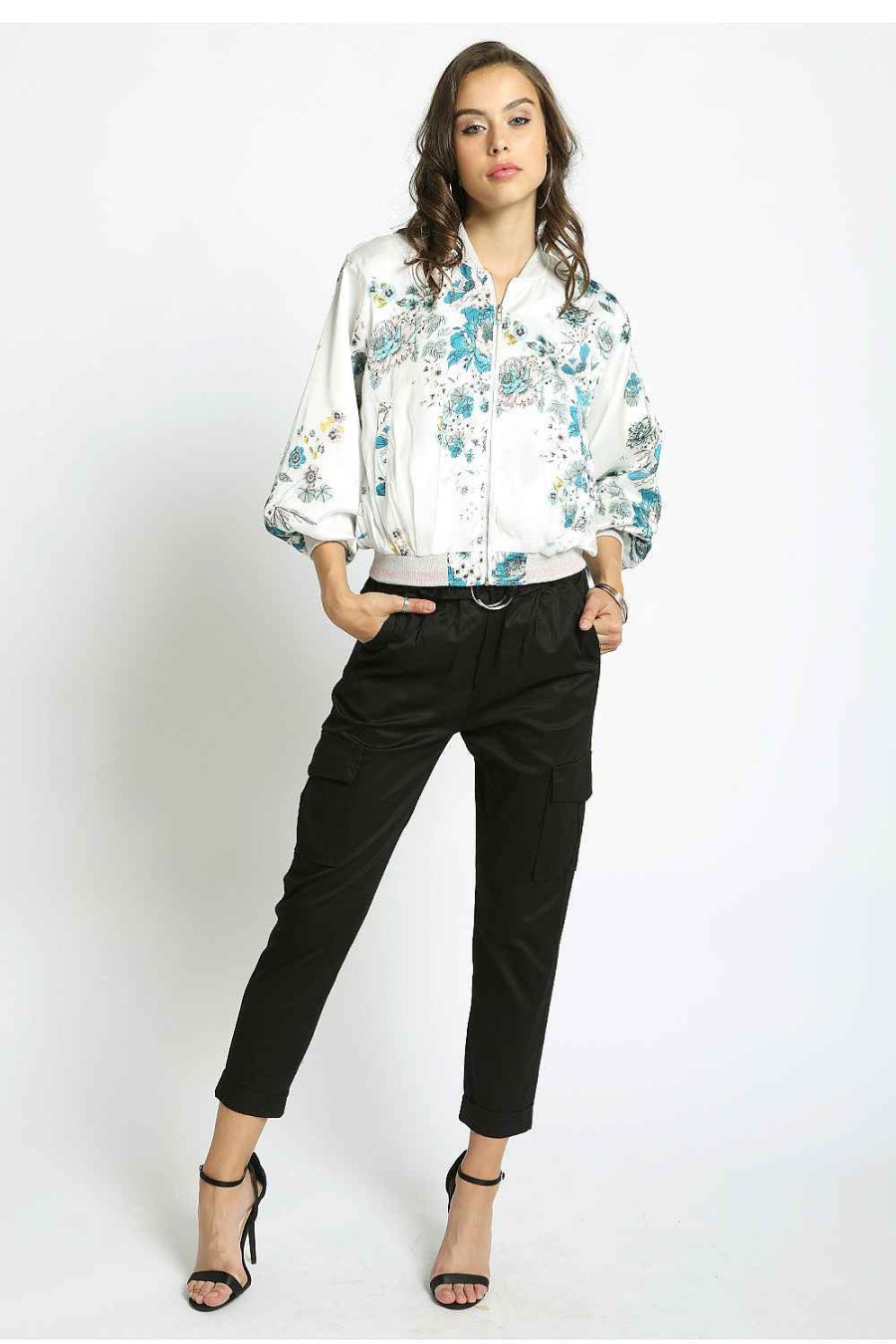 Women Sans Souci Jackets | Floral Satin Puff Sleeve Bomber Jacket